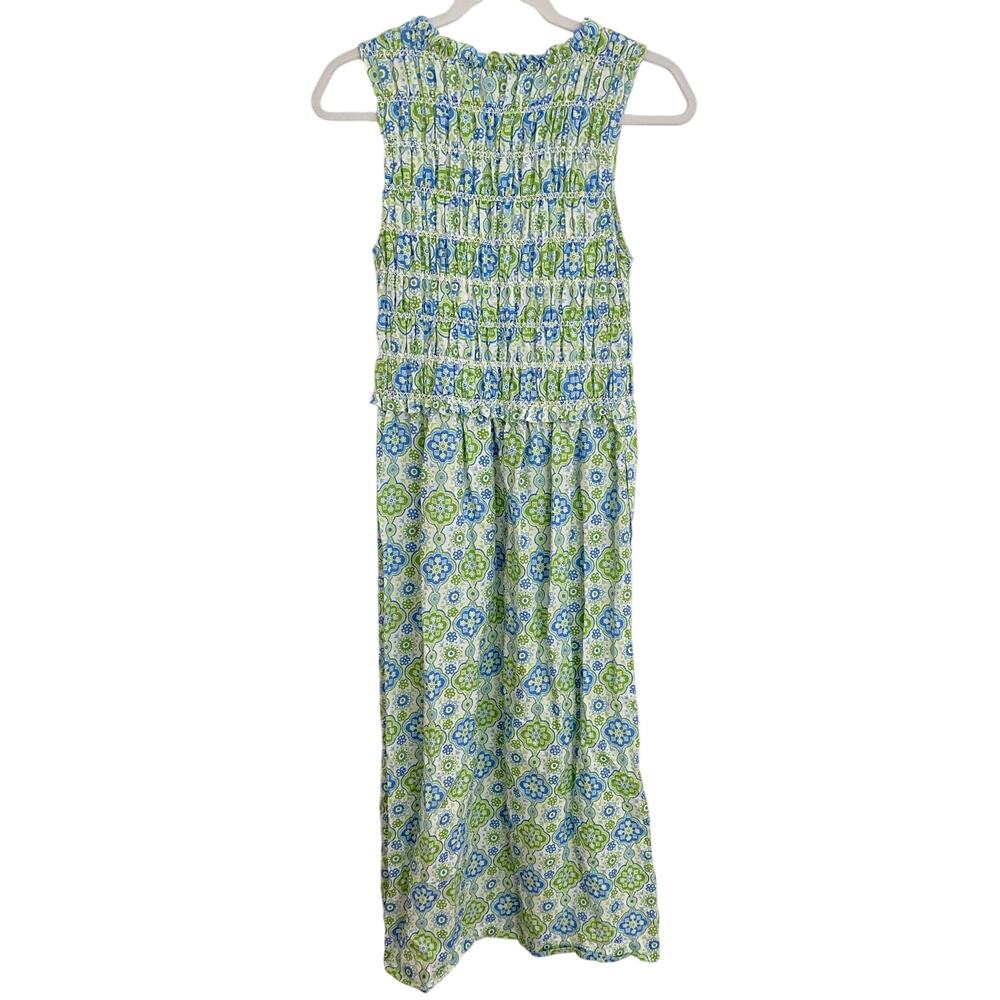J. McLaughlin Ciri Smocked Sleeveless Midi Dress Linen Cotton Green Blue Print S - Picture 4 of 10
